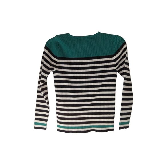 Lauren Ralph Lauren Rib Knit Sweater Womens Large Green Black Stripe Gold Button - Picture 2 of 9